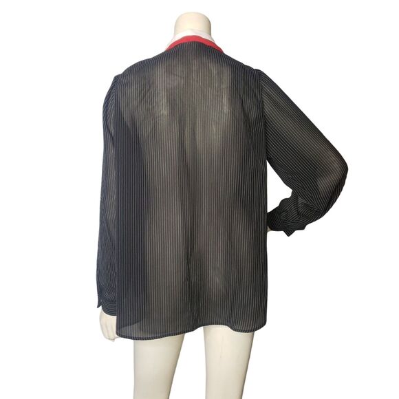 Lady Shapely Shirt Womens 42 Black White Pinstripe Sheer Long Sleeve Blouse Tie - Picture 2 of 7